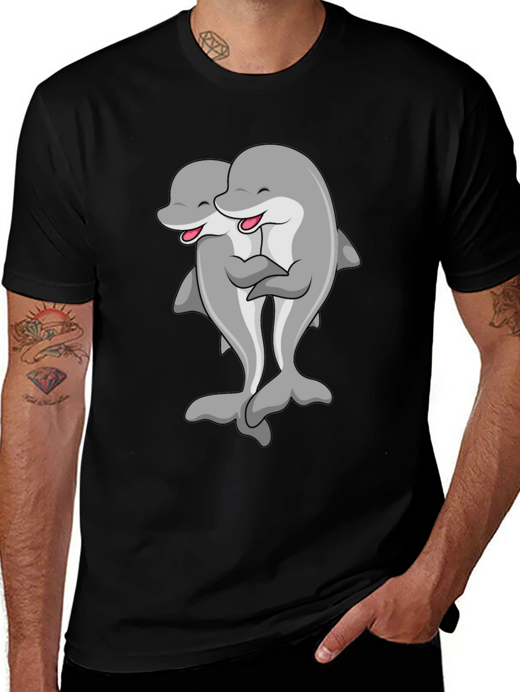 Cute Dolphin Hug Black T-Shirt