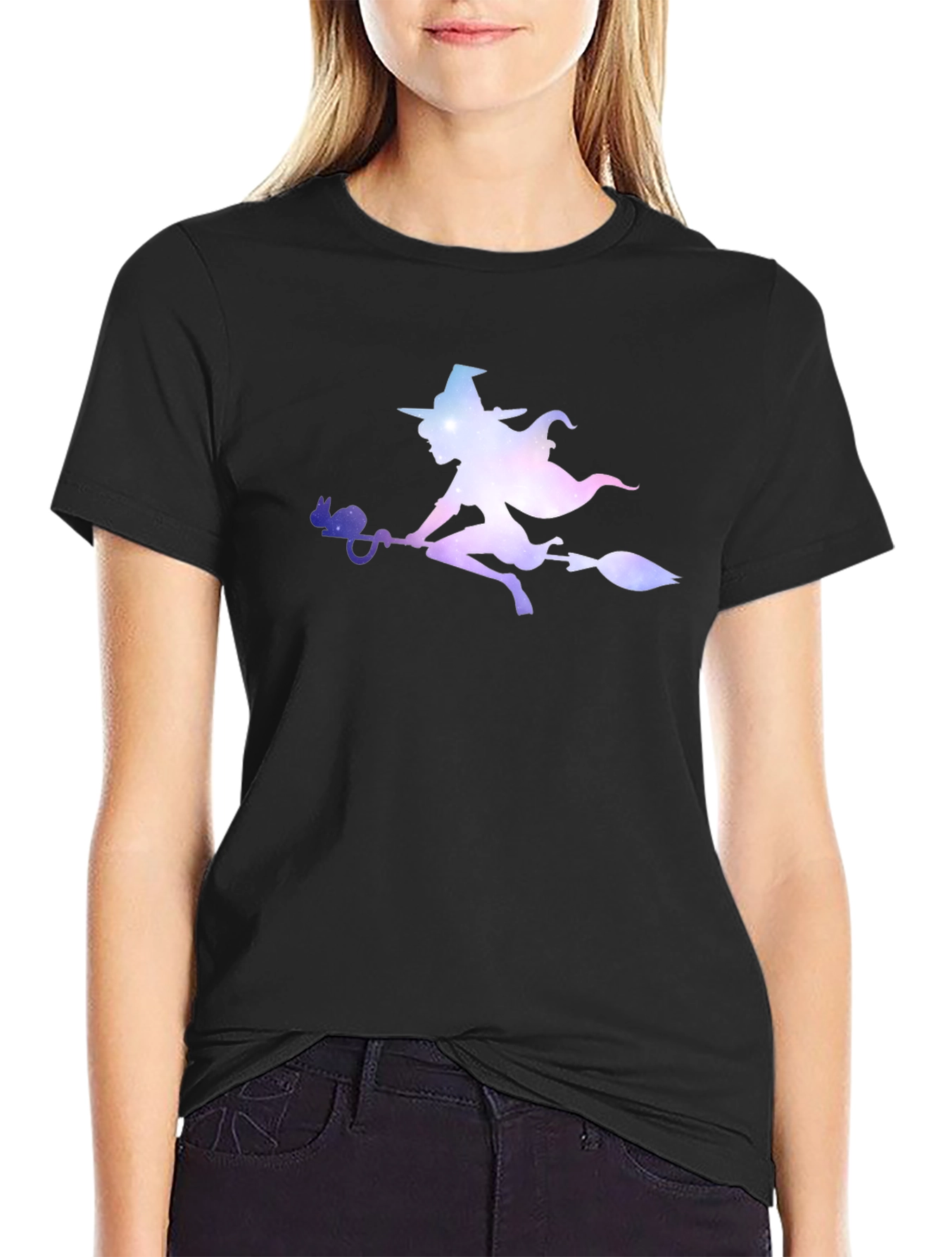 Witch Silhouette Graphic Tee - Black Cotton T-Shirt