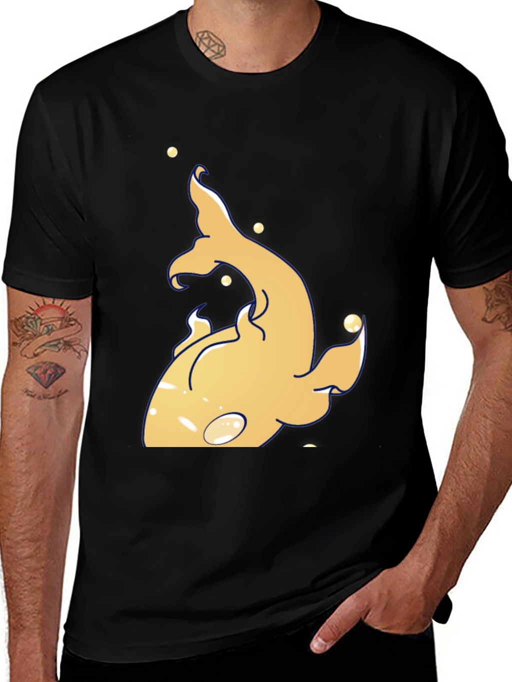 Unique Gold Fish Graphic Black T-Shirt