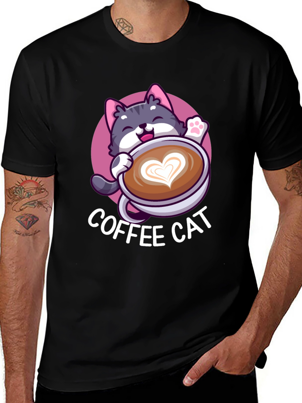 Coffee Cat Graphic Tee - Black Cotton T-Shirt