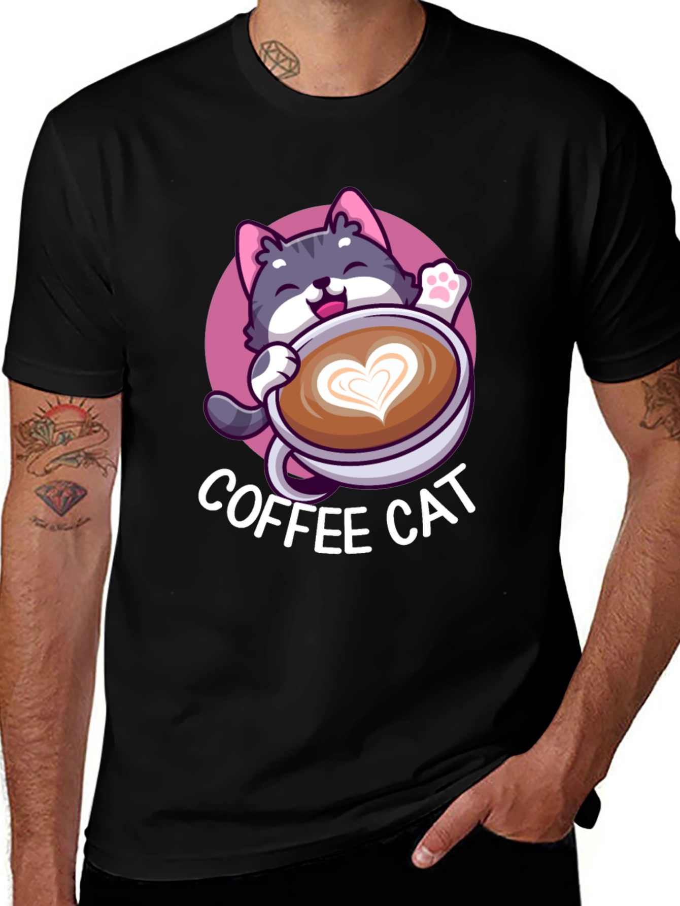 Coffee Cat Graphic Tee - Black Cotton T-Shirt