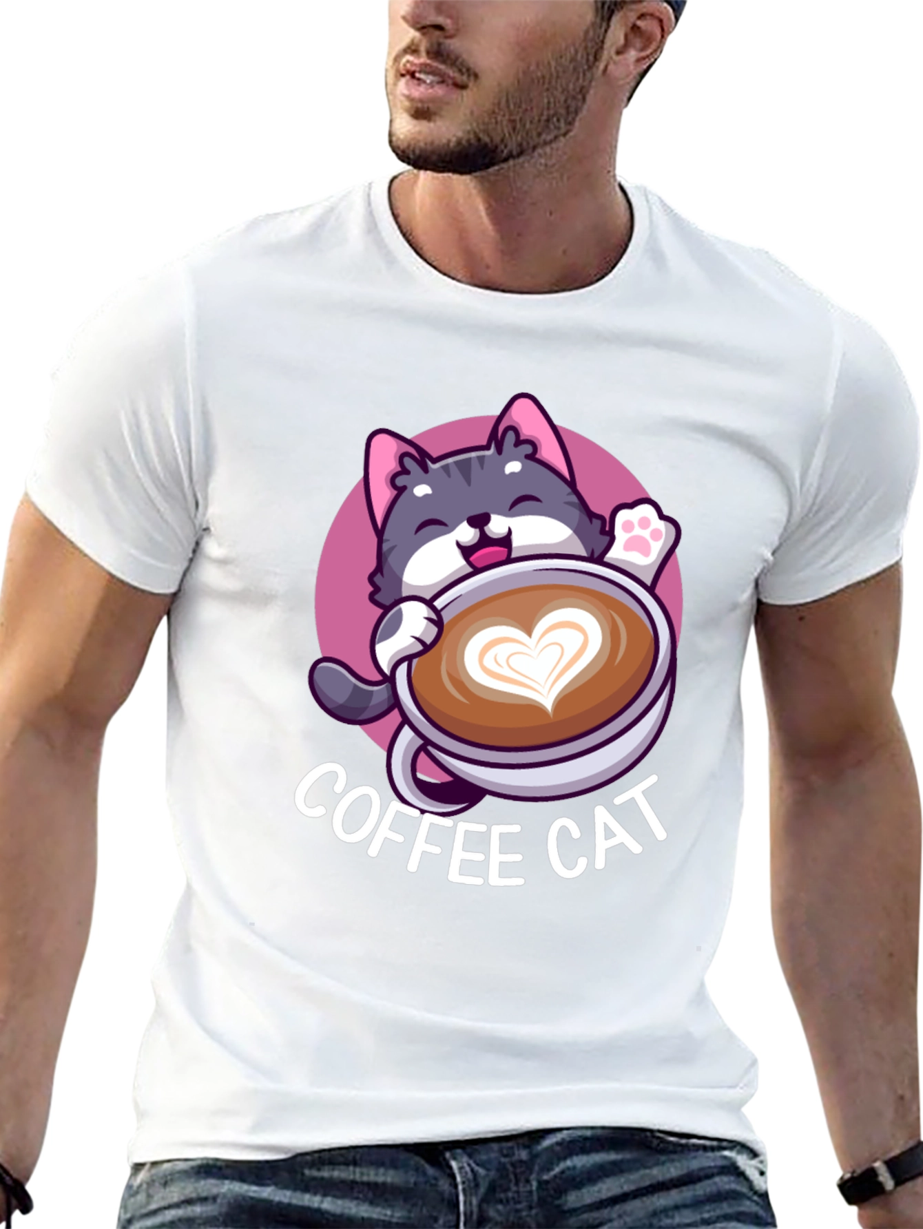 Coffee Cat Graphic Tee - Black Cotton T-Shirt