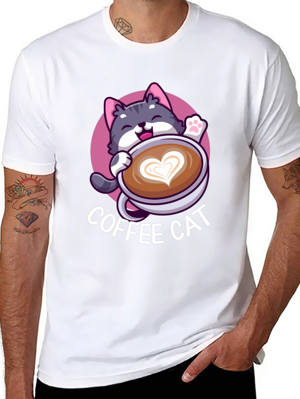 Coffee Cat Graphic Tee - Black Cotton T-Shirt