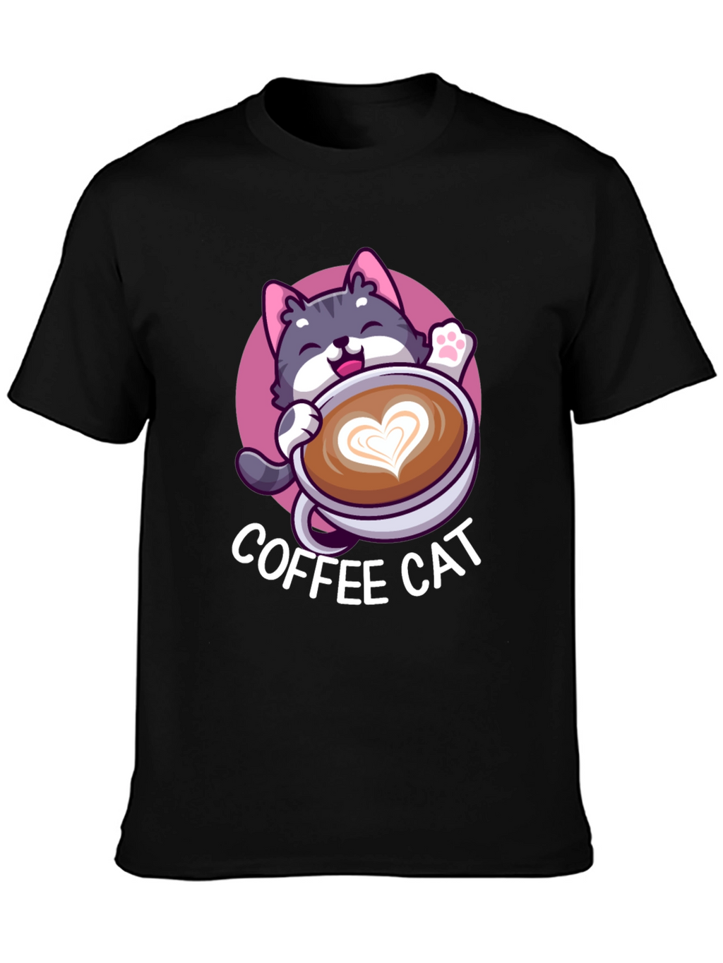 Coffee Cat Graphic Tee - Black Cotton T-Shirt