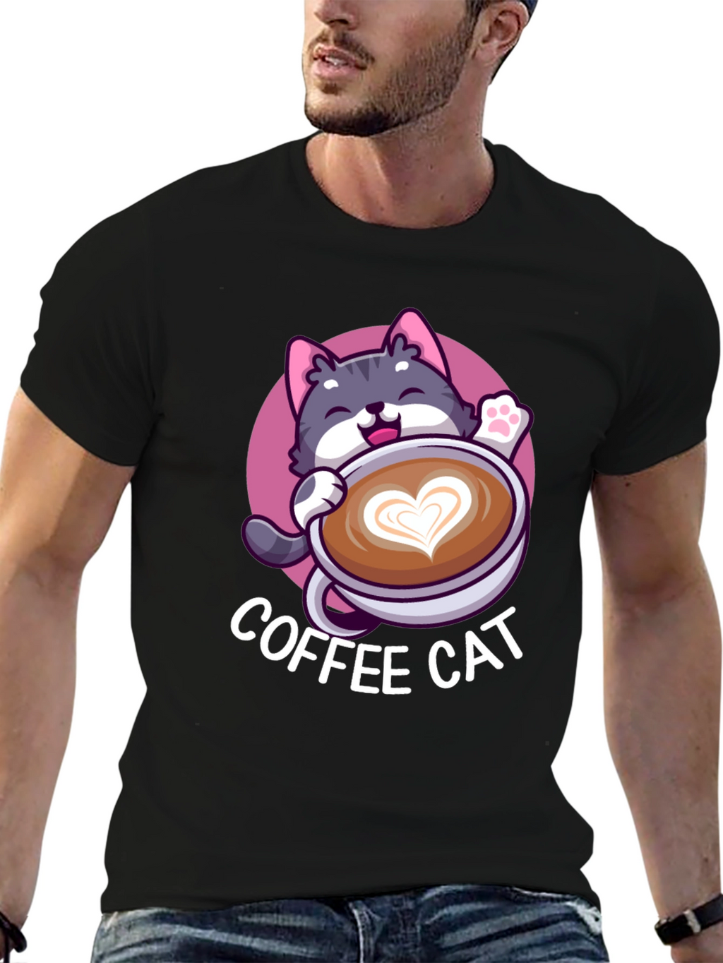 Coffee Cat Graphic Tee - Black Cotton T-Shirt