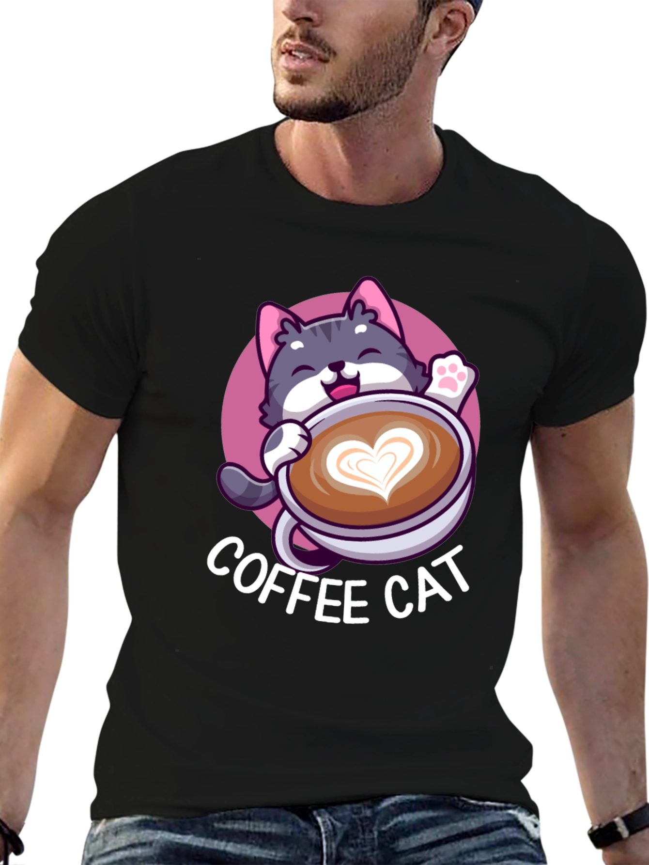 Coffee Cat Graphic Tee - Black Cotton T-Shirt