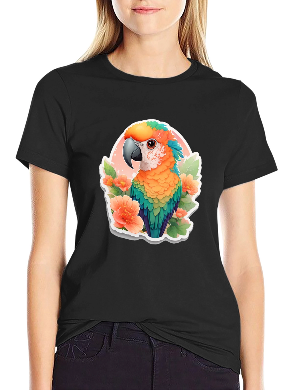 Tropical Parrot Graphic Tee - Mens Black T-Shirt