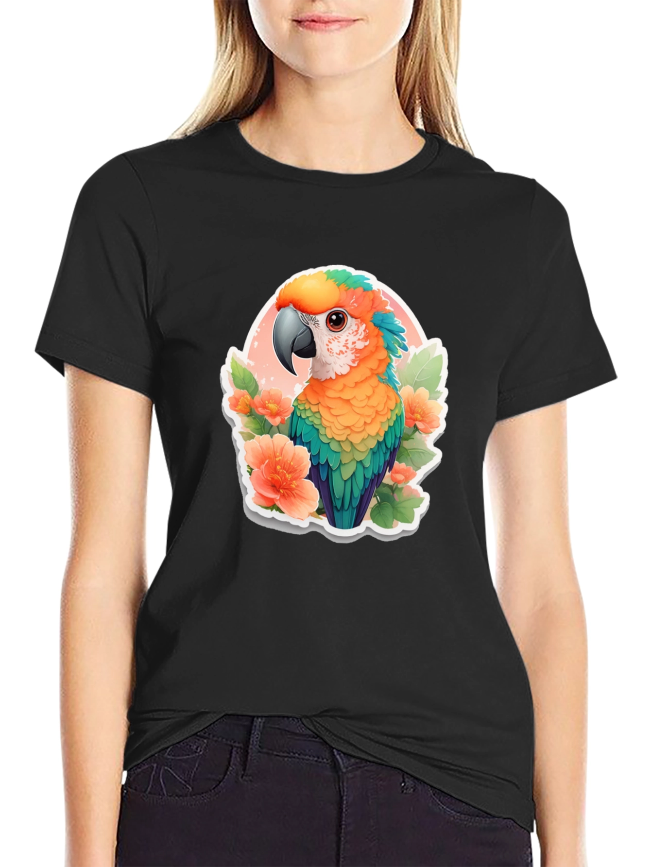 Tropical Parrot Graphic Tee - Mens Black T-Shirt
