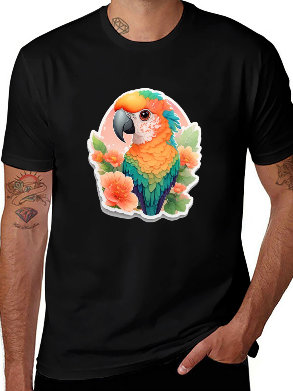 Tropical Parrot Graphic Tee - Mens Black T-Shirt