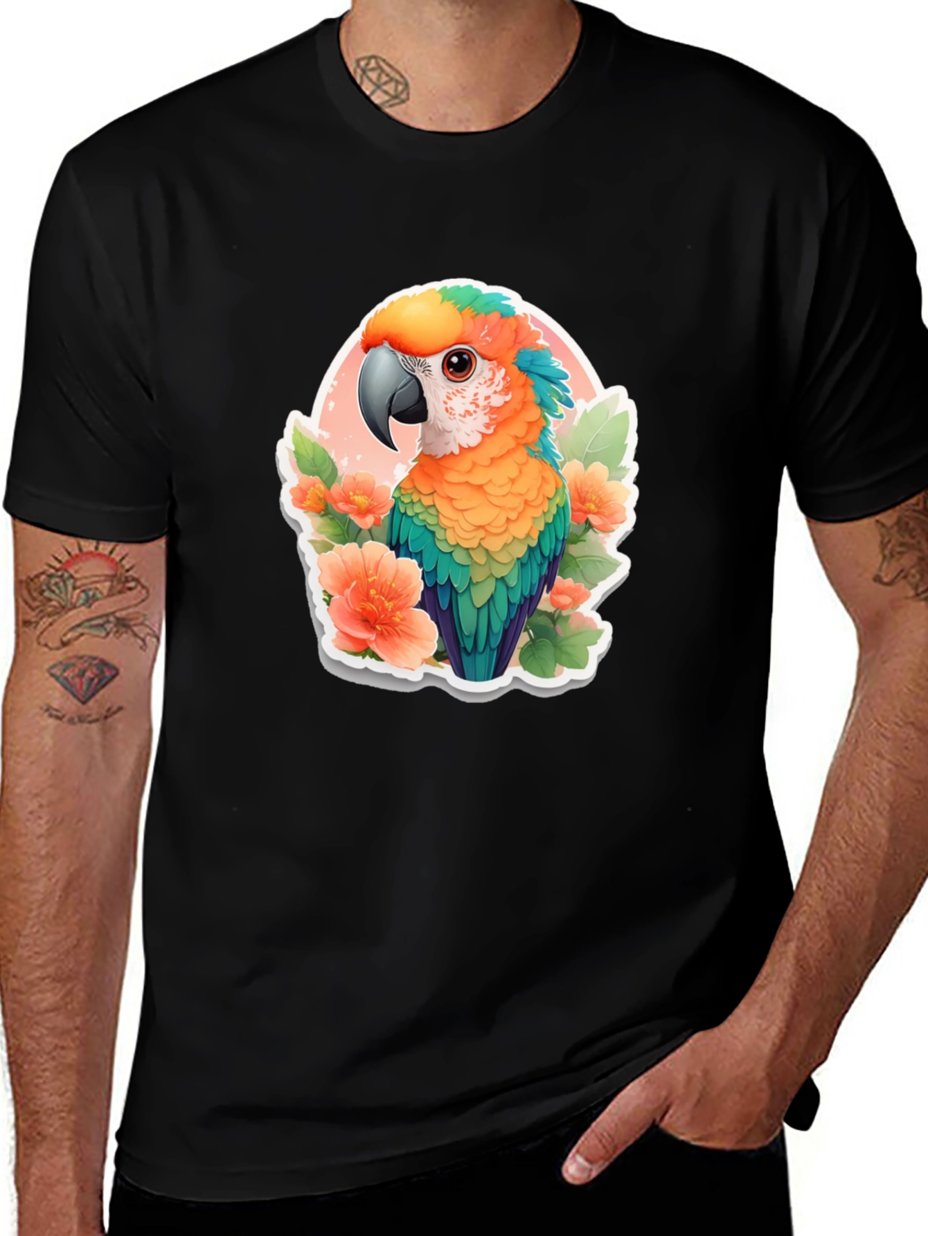 Tropical Parrot Graphic Tee - Mens Black T-Shirt