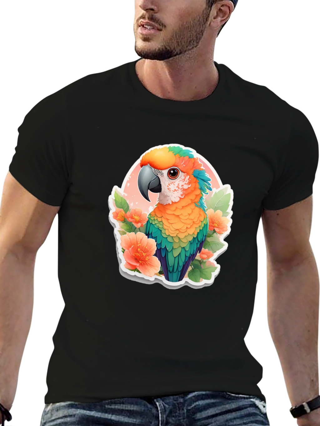 Tropical Parrot Graphic Tee - Mens Black T-Shirt