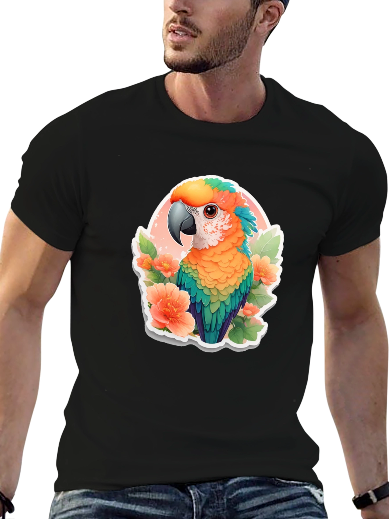 Tropical Parrot Graphic Tee - Mens Black T-Shirt