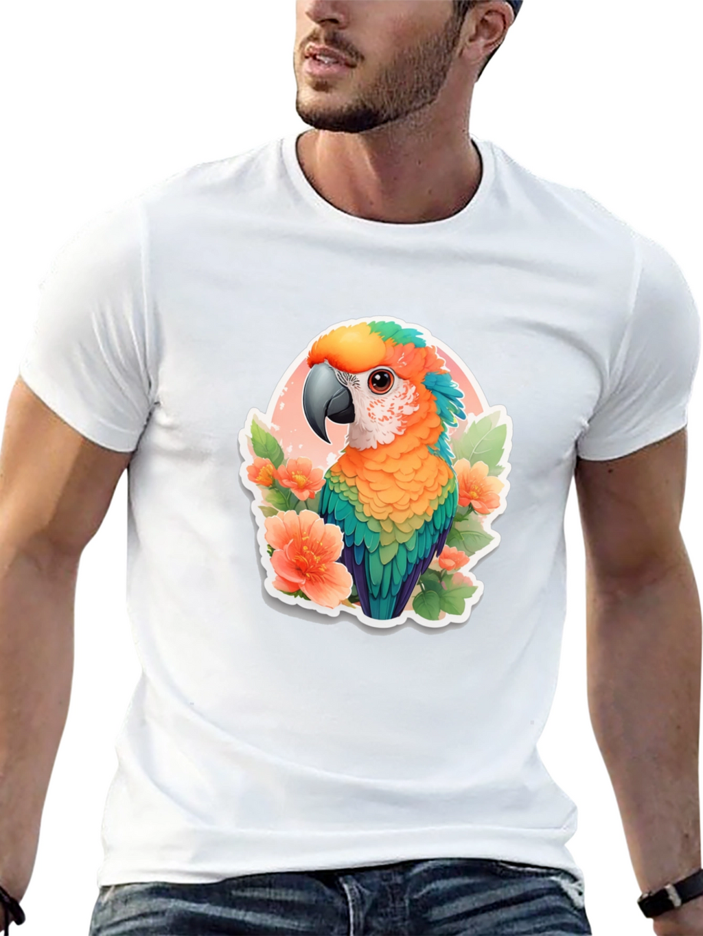 Tropical Parrot Graphic Tee - Mens Black T-Shirt