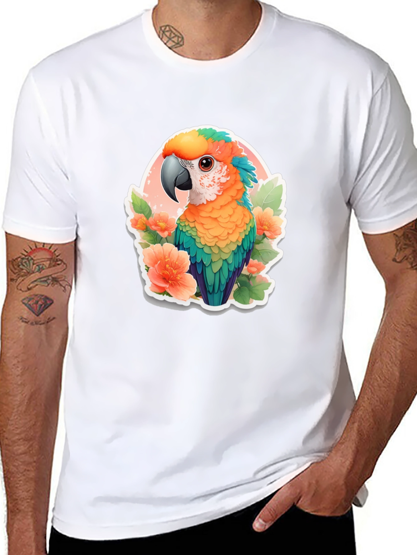 Tropical Parrot Graphic Tee - Mens Black T-Shirt