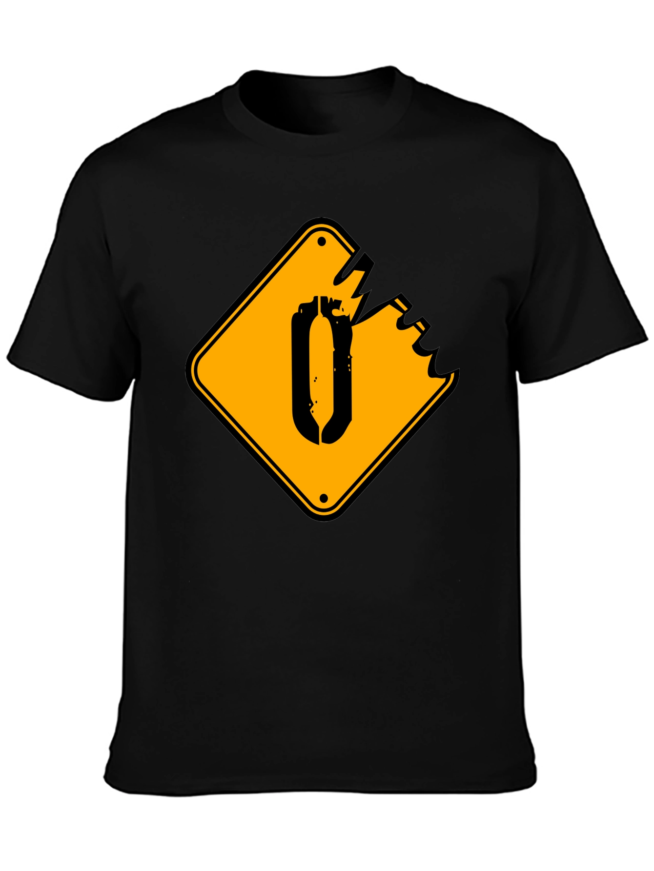 Black T-Shirt with Yellow Damaged Sign Graphic