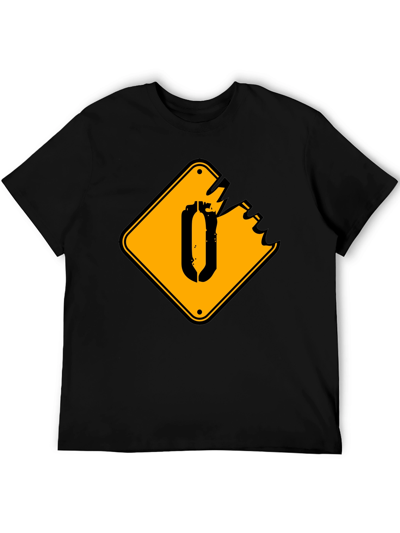 Black T-Shirt with Yellow Damaged Sign Graphic