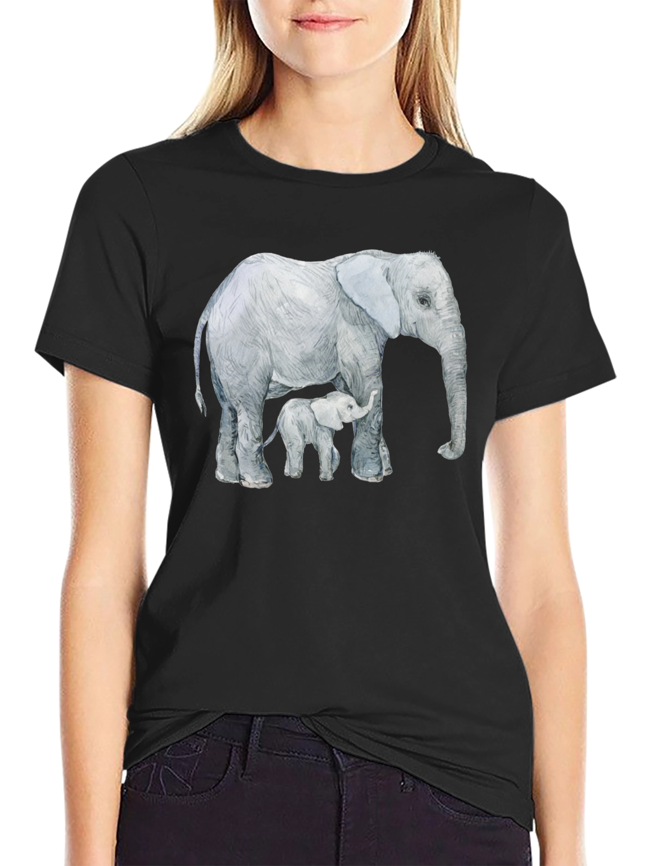 Elephant and Calf Graphic Tee - Black Cotton Comfort