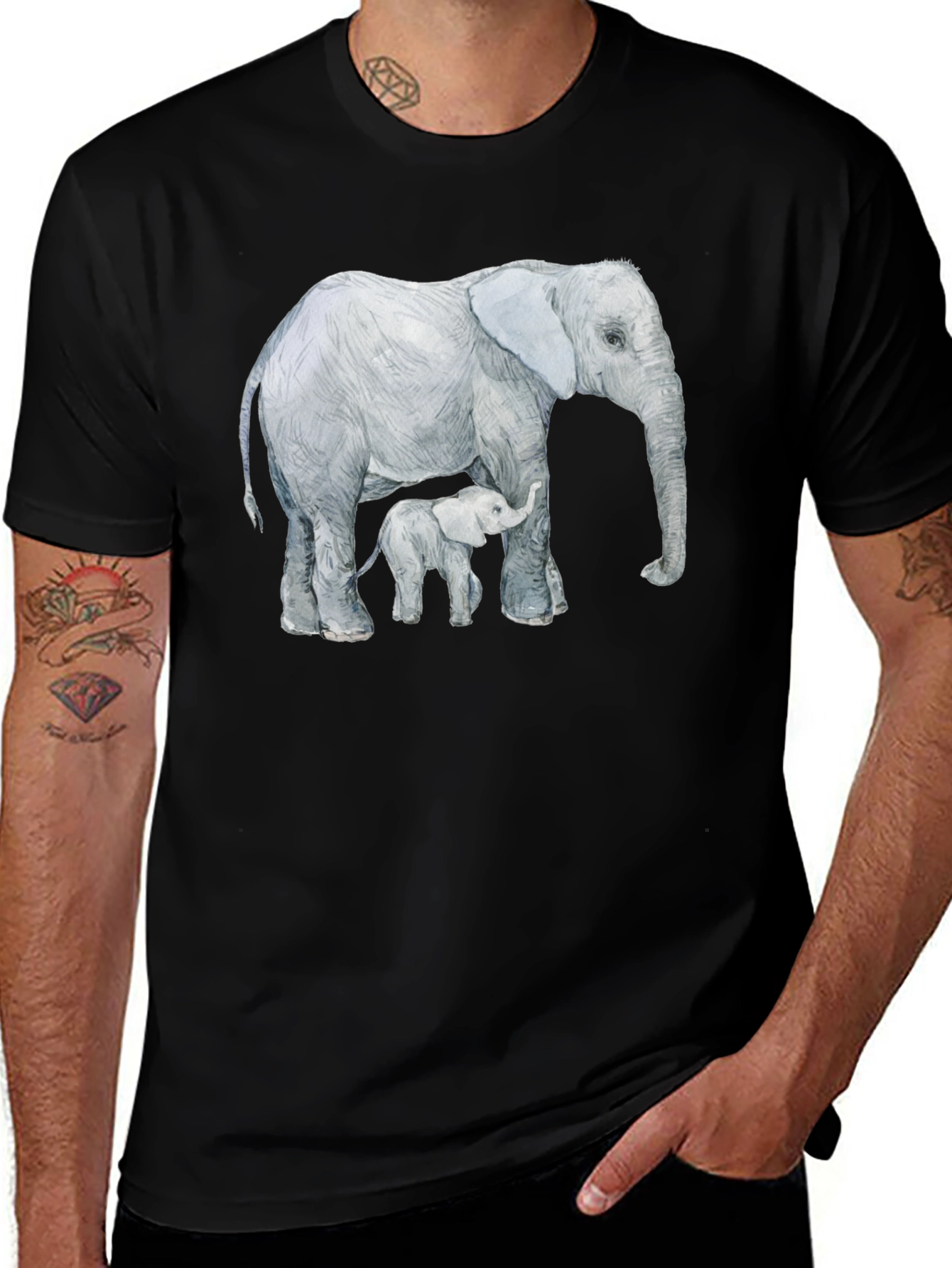 Elephant and Calf Graphic Tee - Black Cotton Comfort