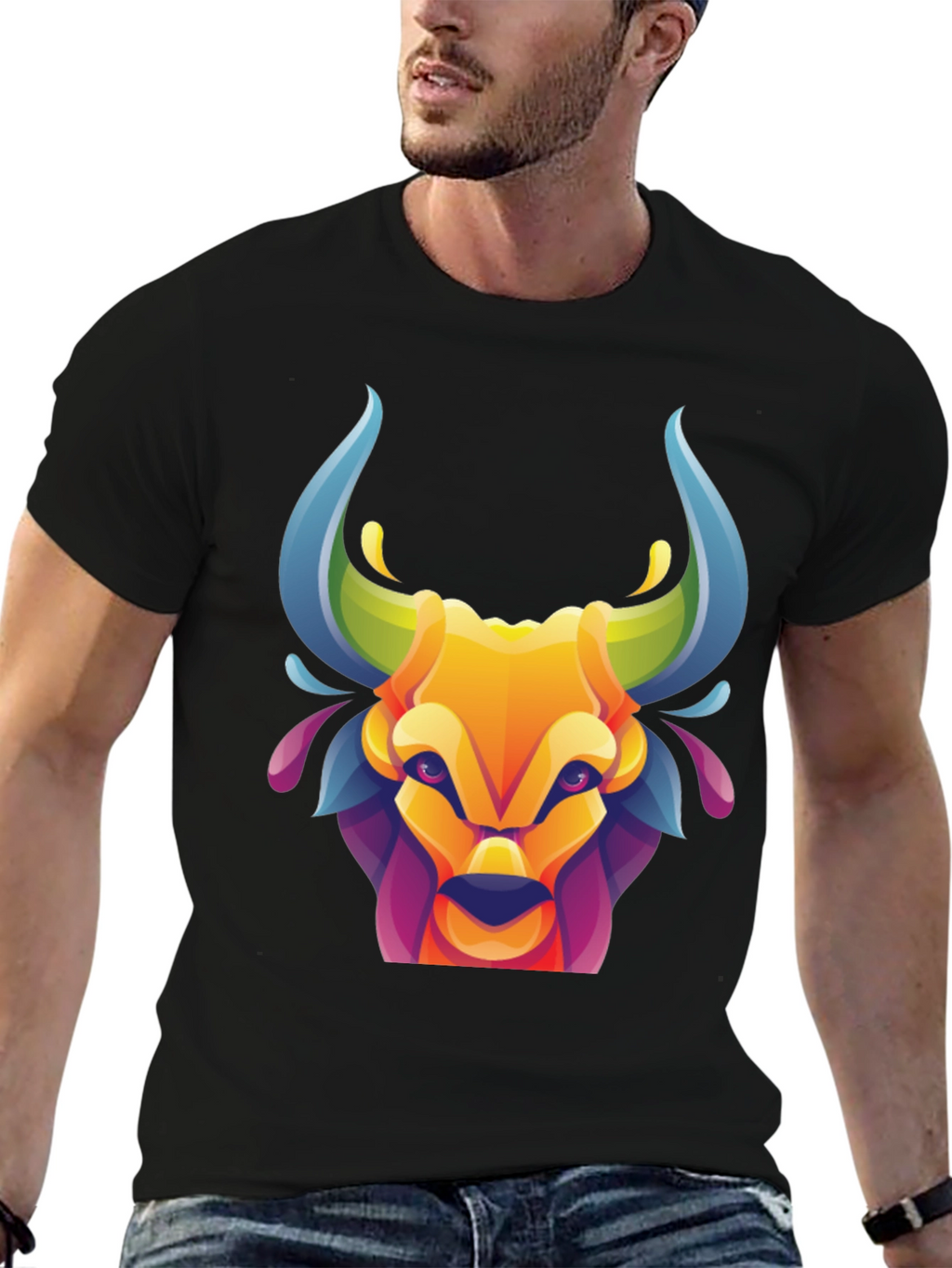 Vibrant Bull Graphic Tee - Stylish Mens Black T-Shirt