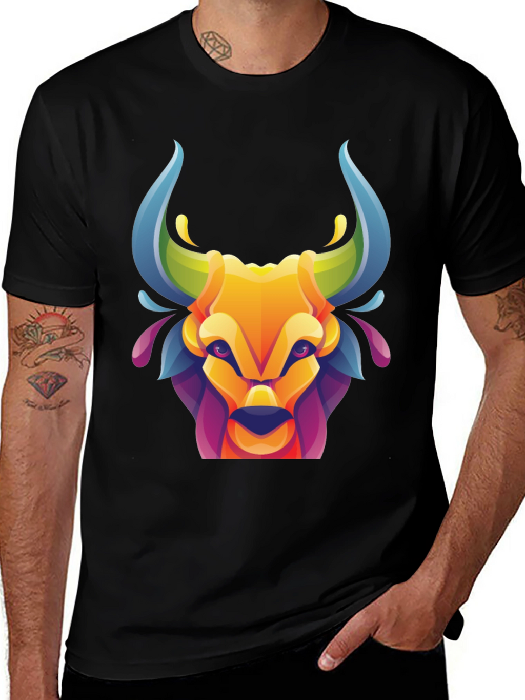 Vibrant Bull Graphic Tee - Stylish Mens Black T-Shirt