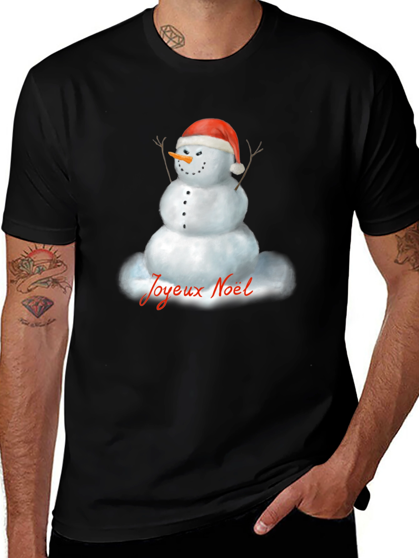 Joyeux Noel Snowman Black T-Shirt