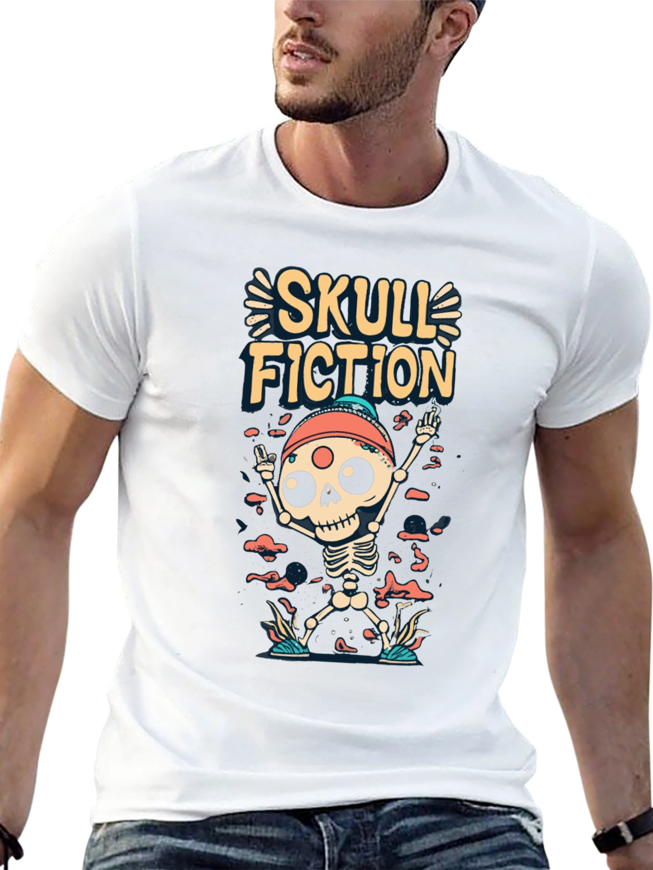 Skull Fiction Graphic Tee - Spooky Skeleton Design