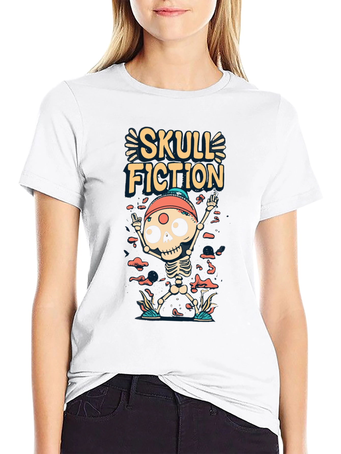 Skull Fiction Graphic Tee - Spooky Skeleton Design
