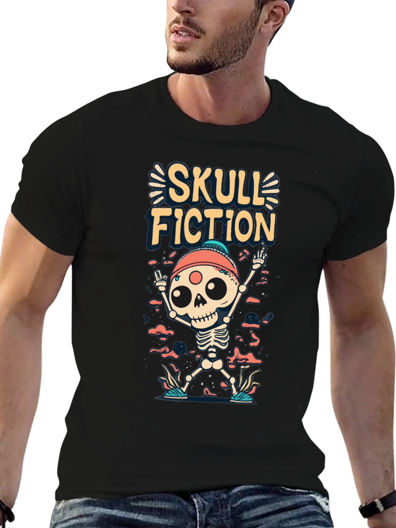 Skull Fiction Graphic Tee - Spooky Skeleton Design