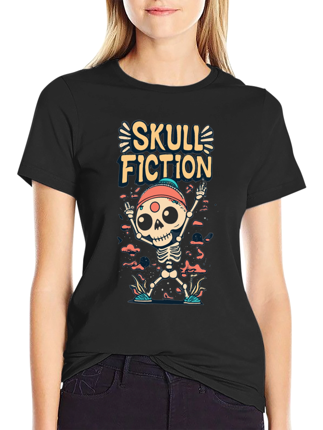 Skull Fiction Graphic Tee - Spooky Skeleton Design
