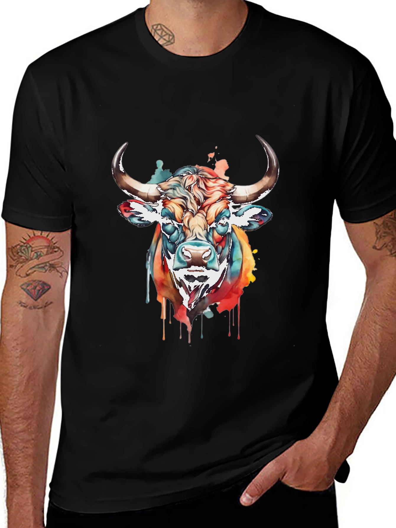Colorful Bull Graphic Tee - Mens Black T-Shirt