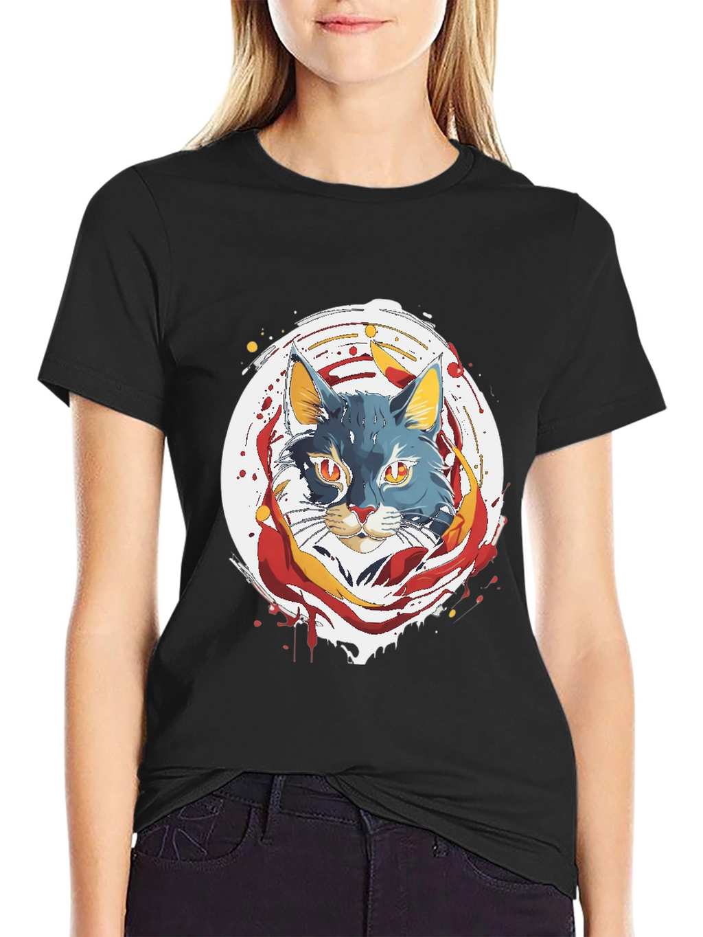 Artistic Cat Graphic Tee - Black