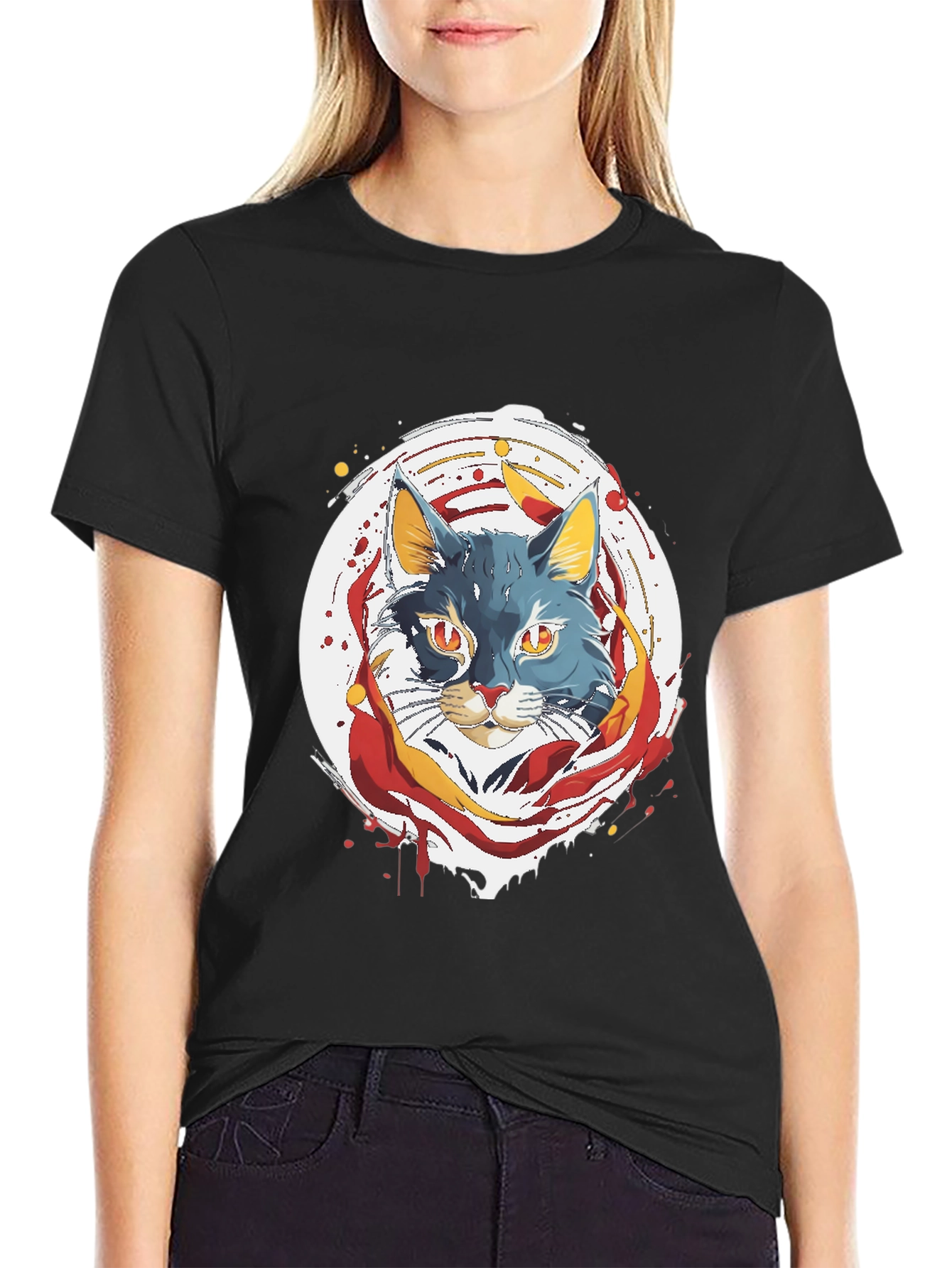 Artistic Cat Graphic Tee - Black