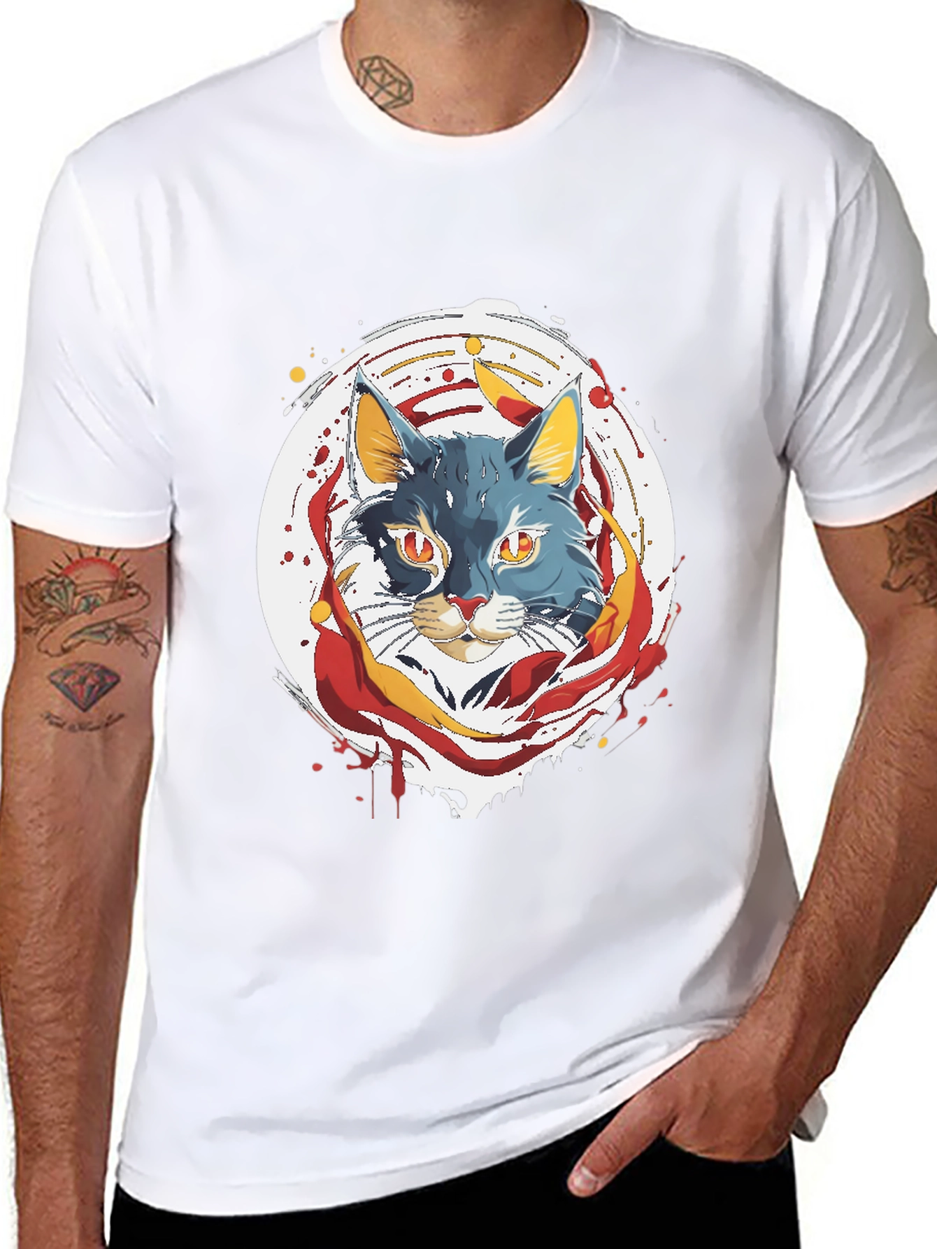 Artistic Cat Graphic Tee - Black