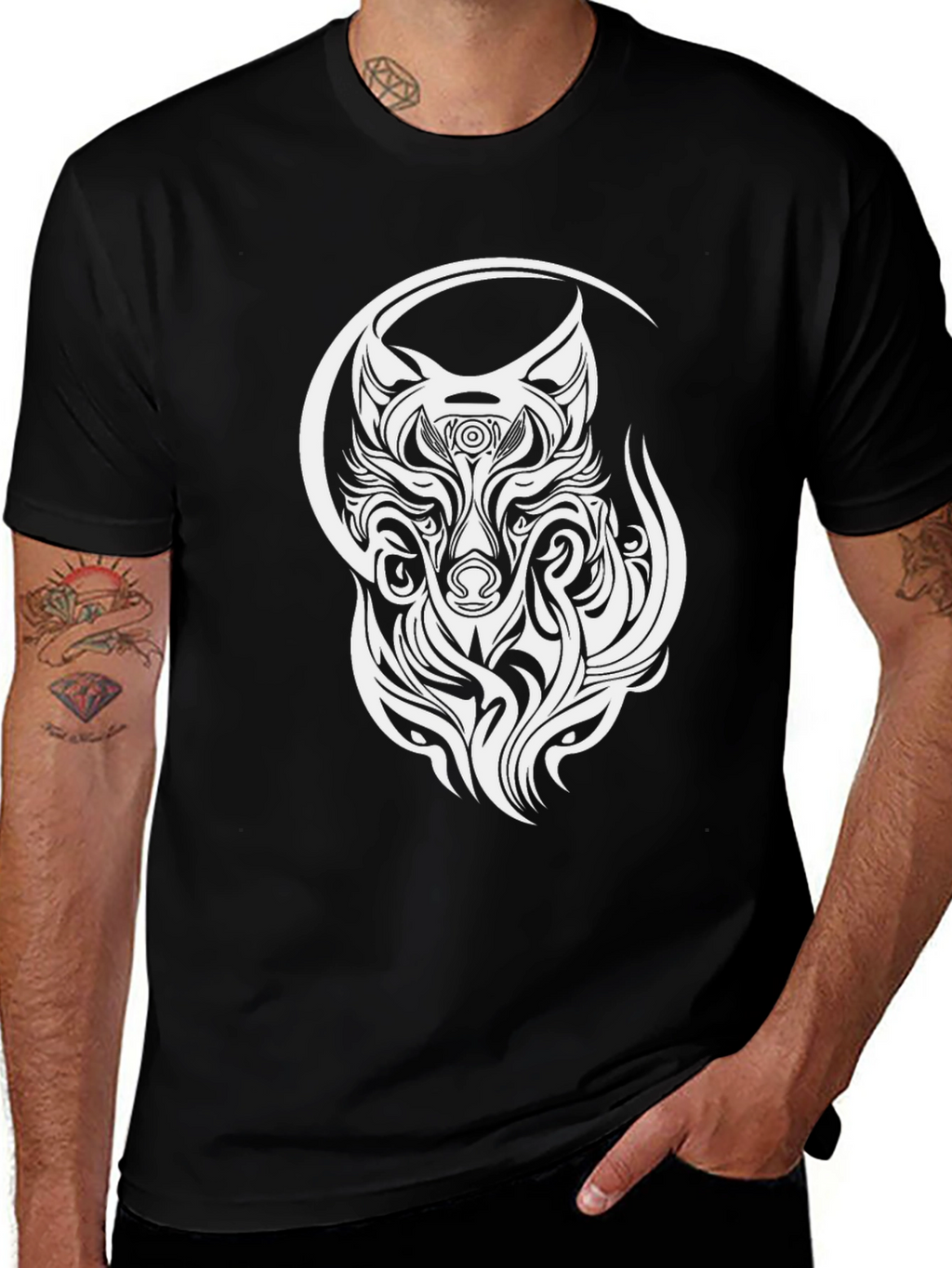 Wolf Tribal Design T-Shirt - Black
