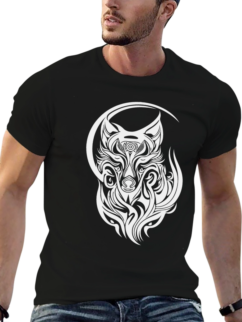 Wolf Tribal Design T-Shirt - Black