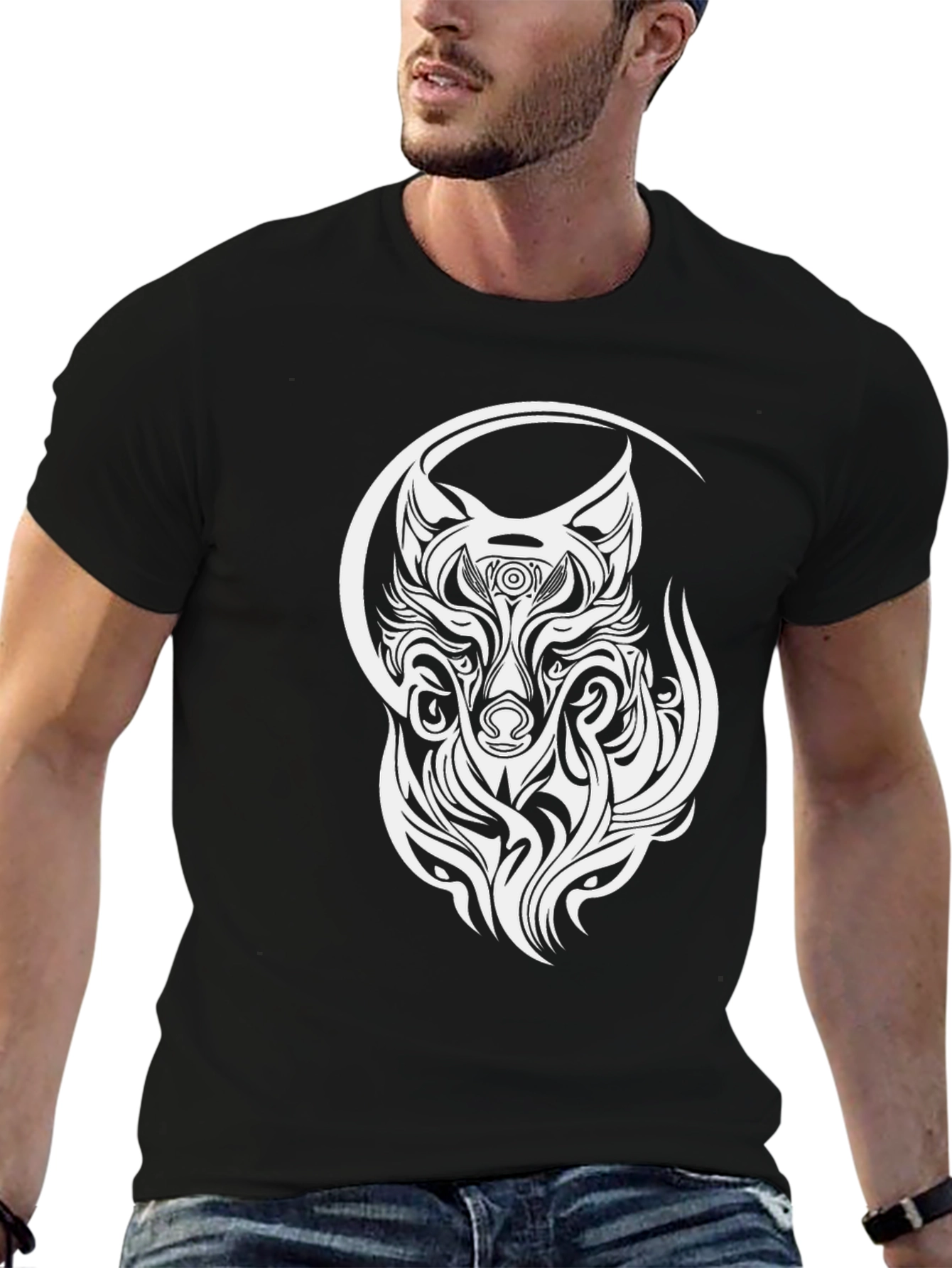 Wolf Tribal Design T-Shirt - Black