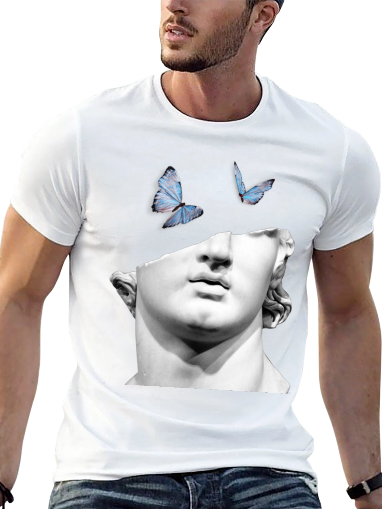Statue & Butterfly Graphic Black T-Shirt