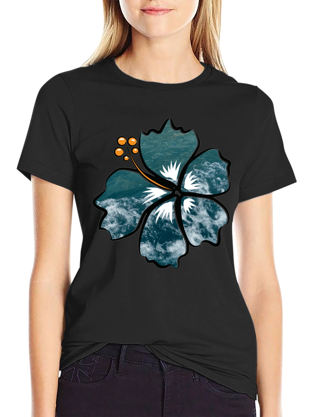 Ocean Wave Hibiscus Graphic Black T-Shirt