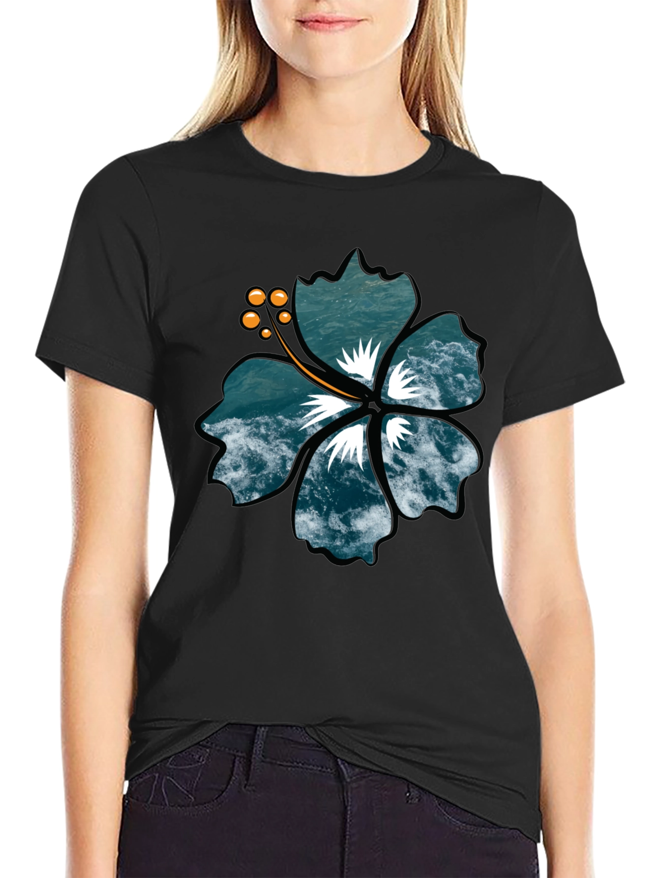Ocean Wave Hibiscus Graphic Black T-Shirt