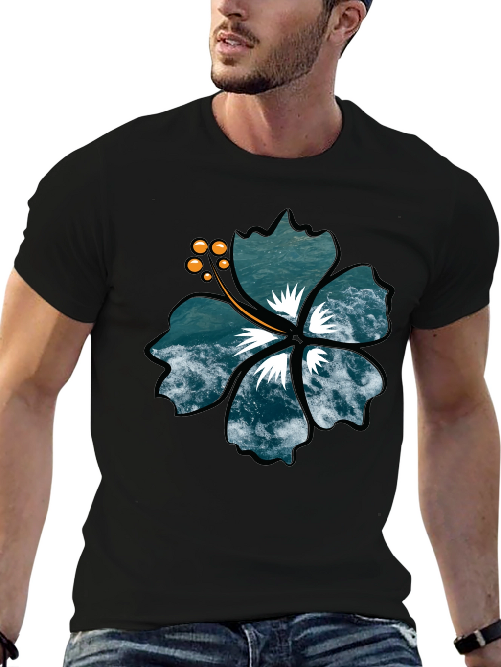 Ocean Wave Hibiscus Graphic Black T-Shirt