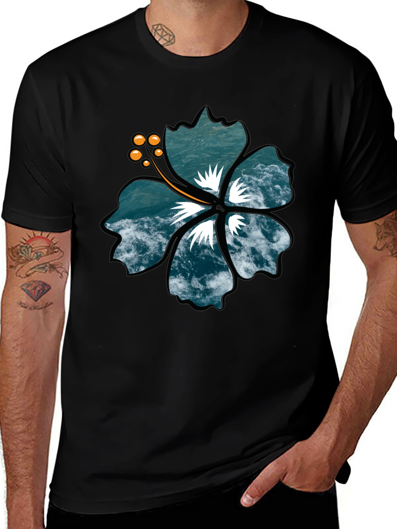 Ocean Wave Hibiscus Graphic Black T-Shirt