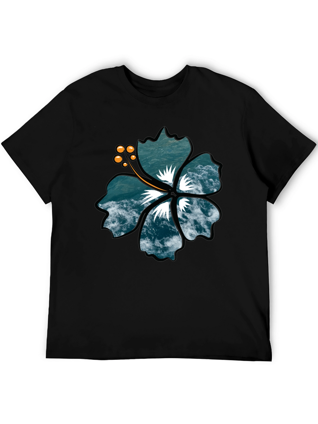 Ocean Wave Hibiscus Graphic Black T-Shirt