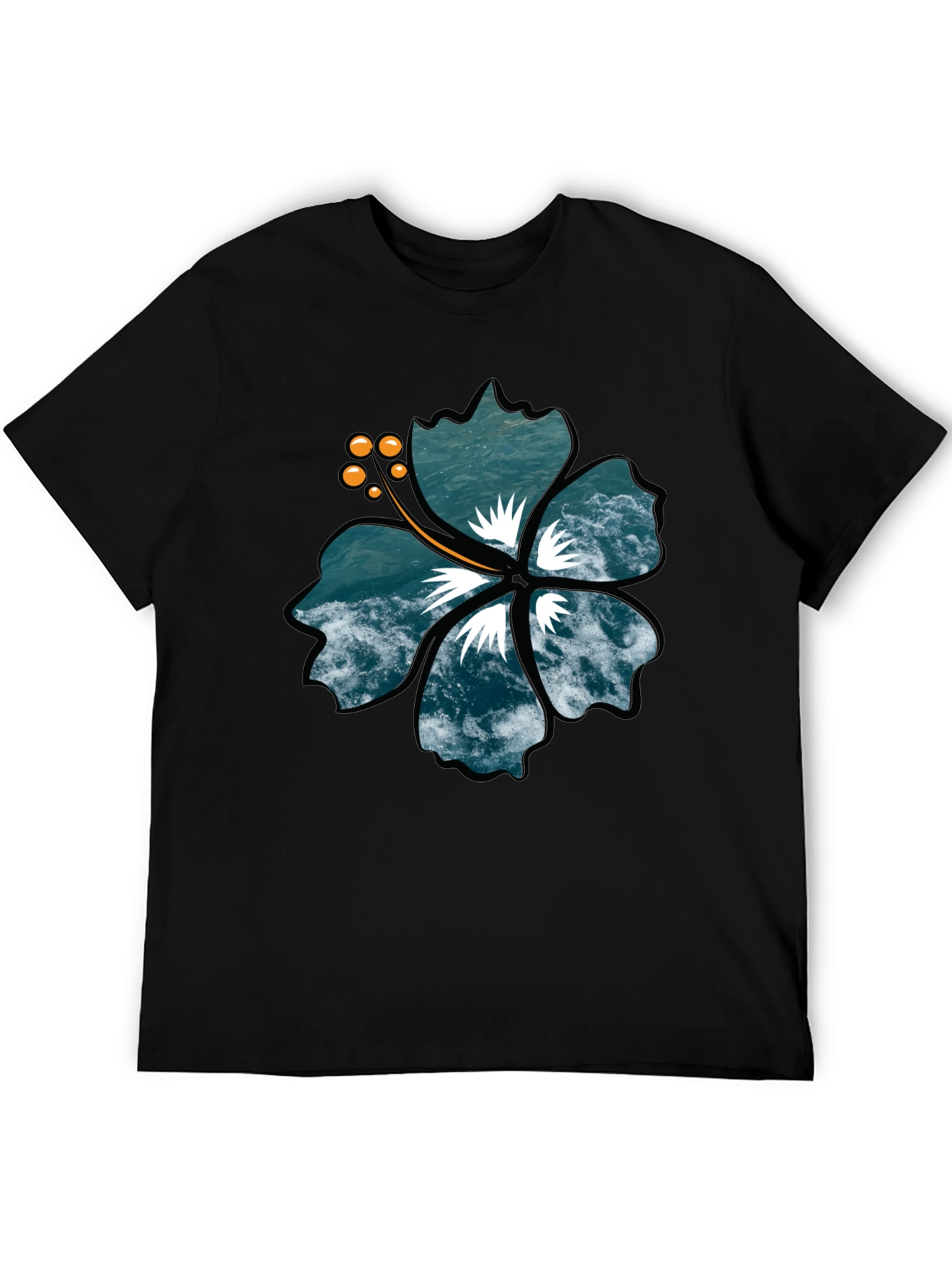 Ocean Wave Hibiscus Graphic Black T-Shirt