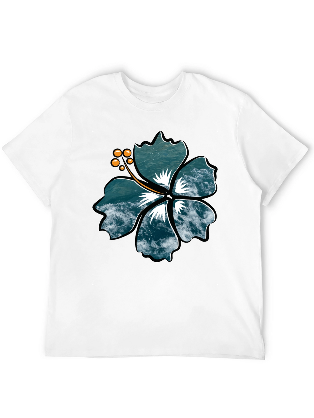 Ocean Wave Hibiscus Graphic Black T-Shirt