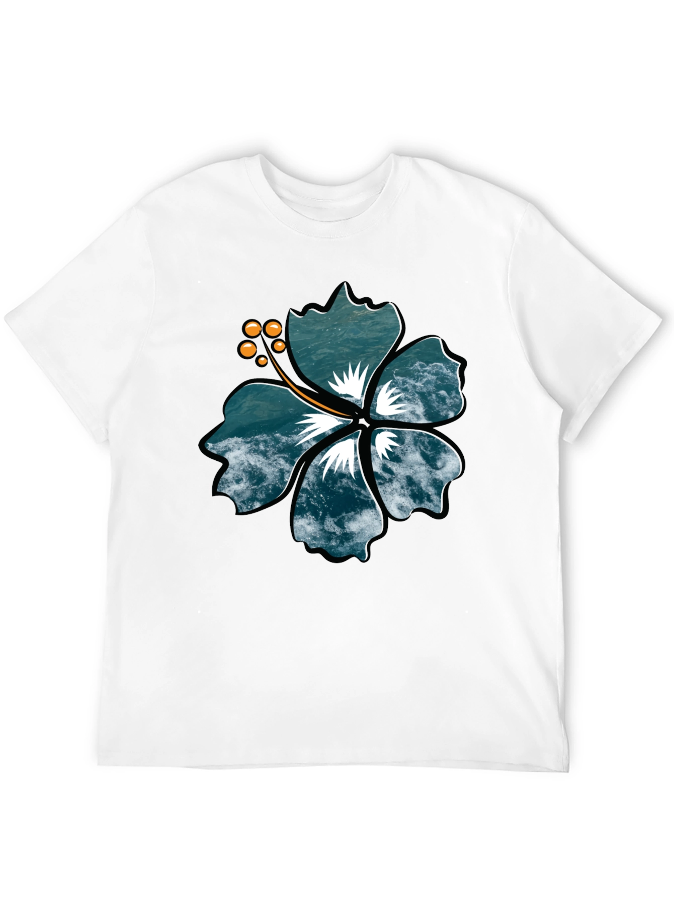Ocean Wave Hibiscus Graphic Black T-Shirt