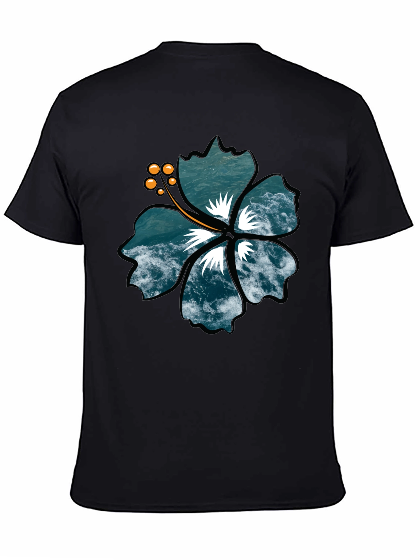 Ocean Wave Hibiscus Graphic Black T-Shirt