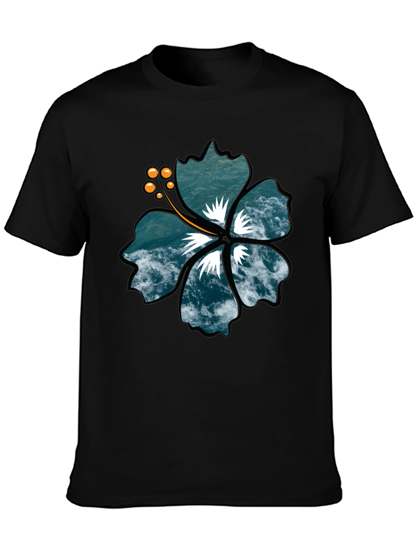 Ocean Wave Hibiscus Graphic Black T-Shirt