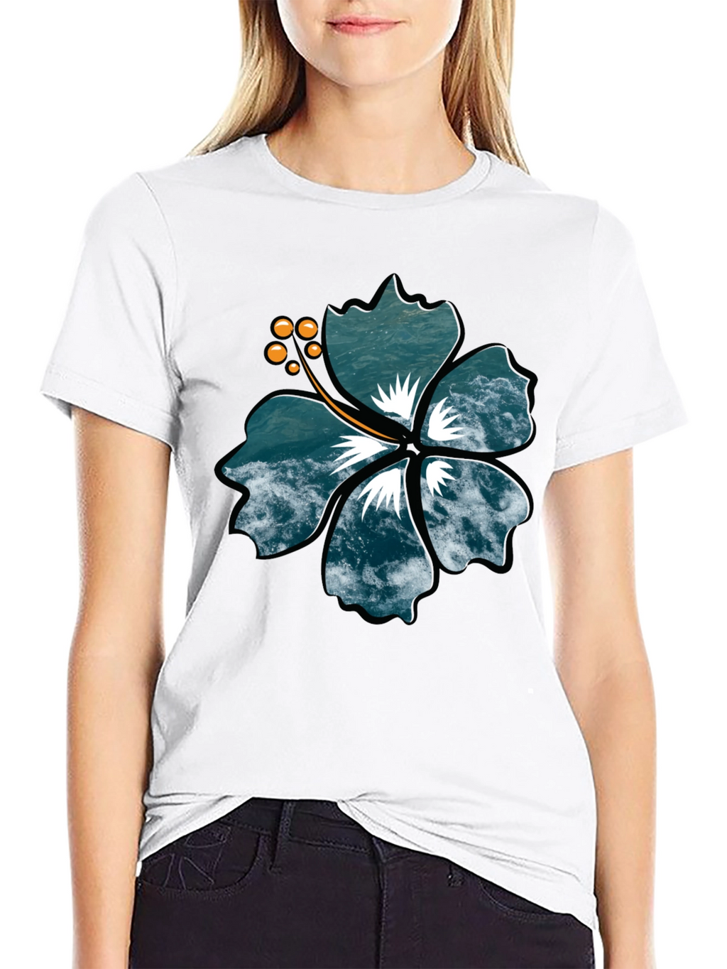 Ocean Wave Hibiscus Graphic Black T-Shirt