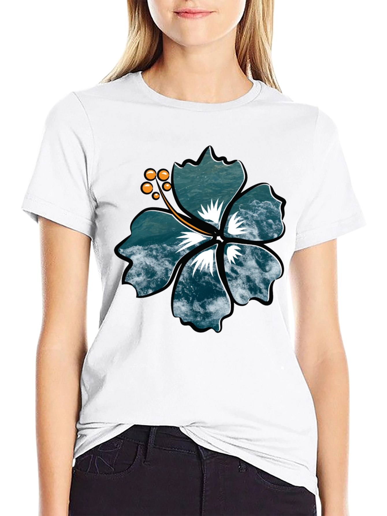 Ocean Wave Hibiscus Graphic Black T-Shirt