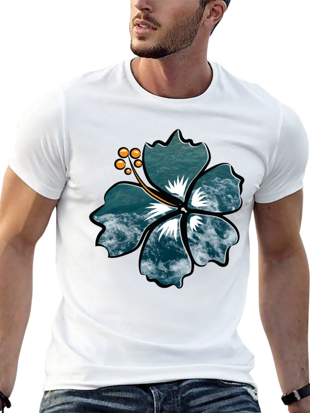 Ocean Wave Hibiscus Graphic Black T-Shirt